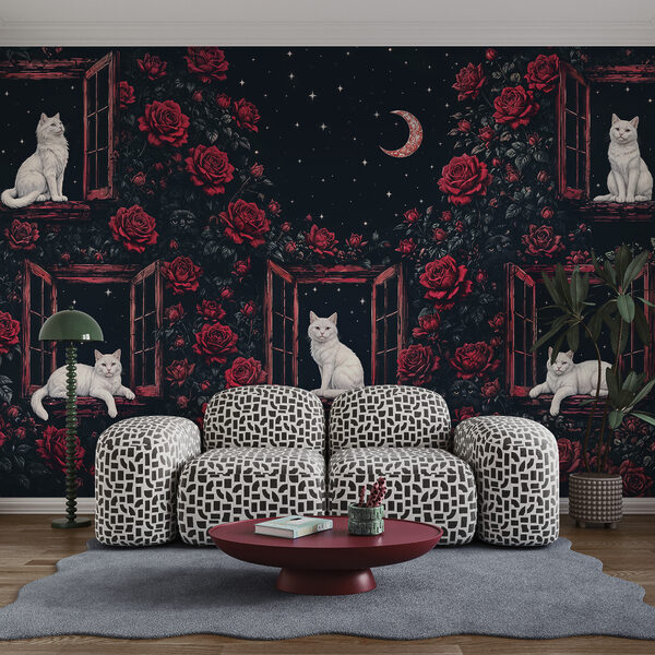 Group of cats sitting on windows in roses Group of cats sitting on windows in roses