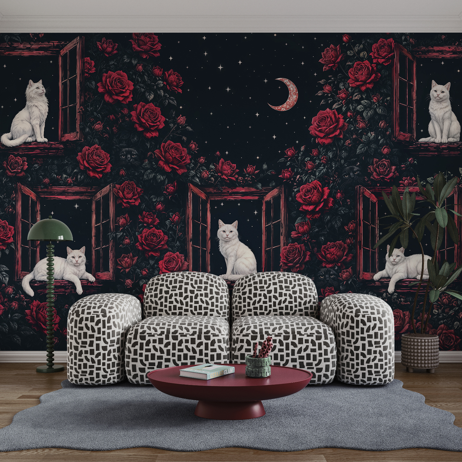 Group of cats sitting on windows in roses Group of cats sitting on windows in roses