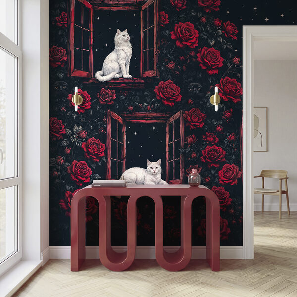 Group of cats sitting on windows in roses Group of cats sitting on windows in roses