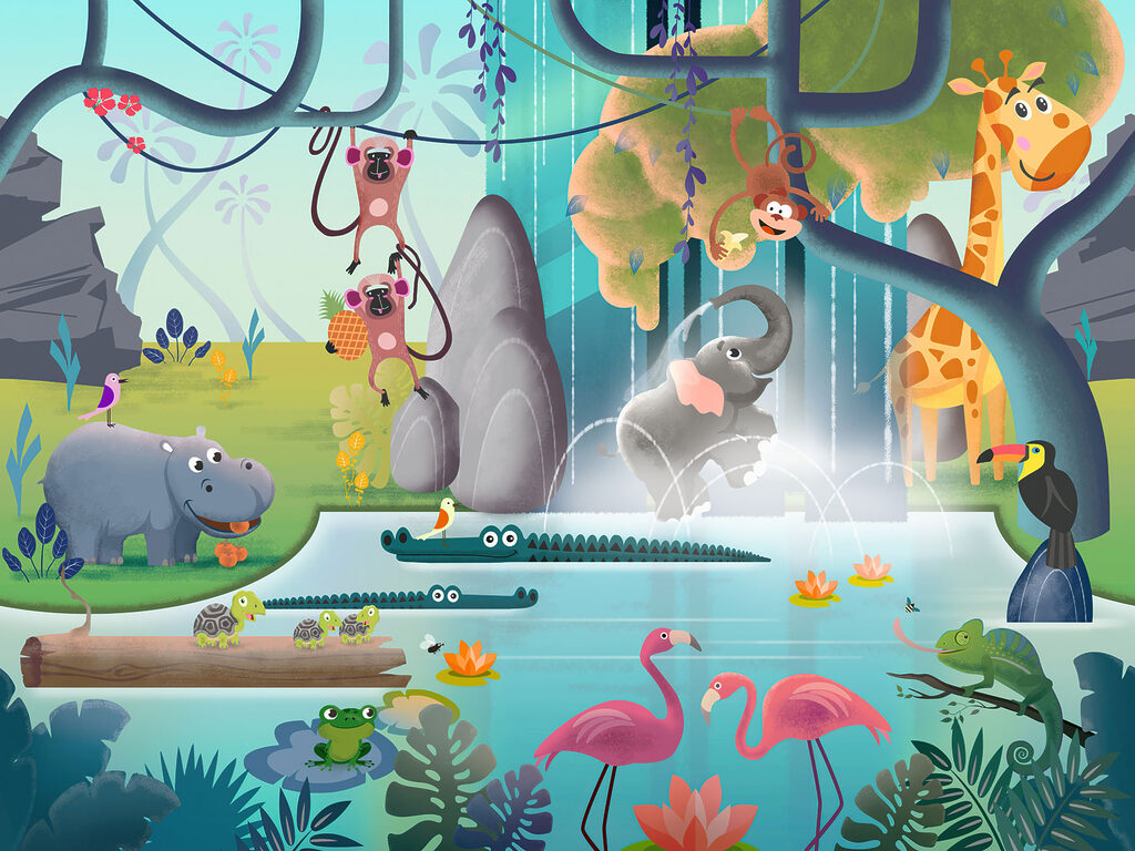 Cartoon of animals in a pond Cartoon of animals in a pond