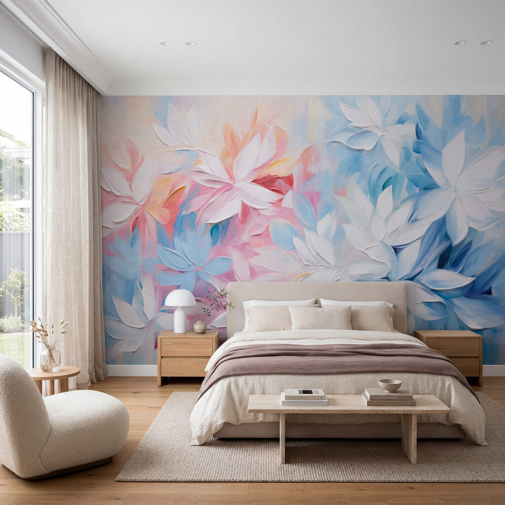 Painting of flowers with white and blue leaves
