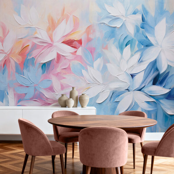 Painting of flowers with white and blue leaves