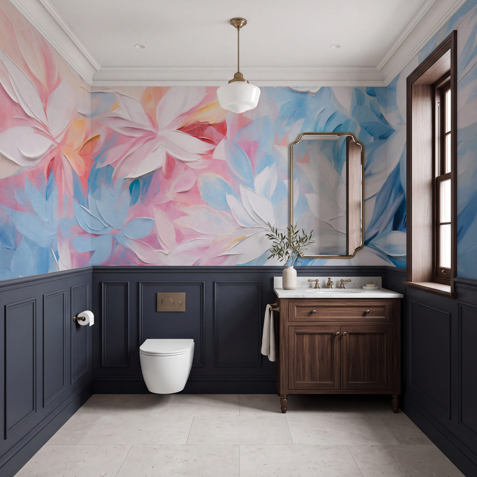 Painting of flowers with white and blue leaves