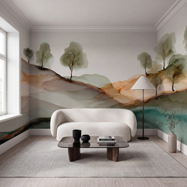 Painting of trees on a hill