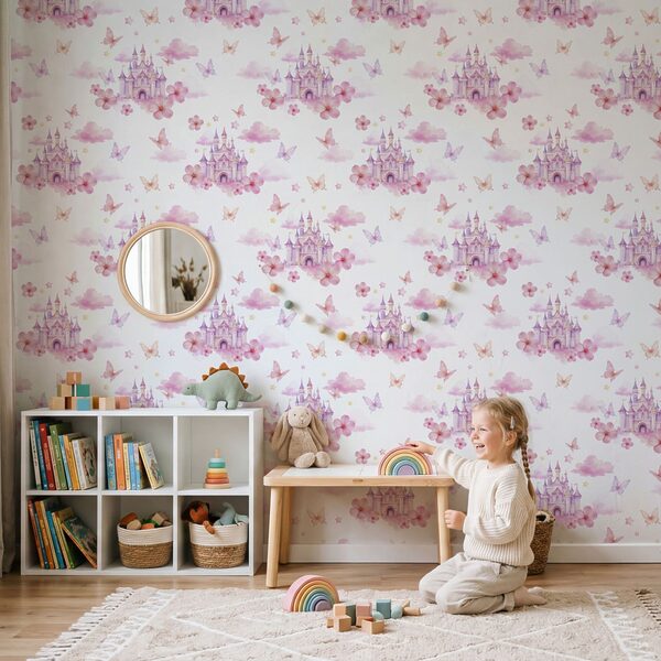 Pattern of pink and purple butterflies and a castle Pattern of pink and purple butterflies and a castle