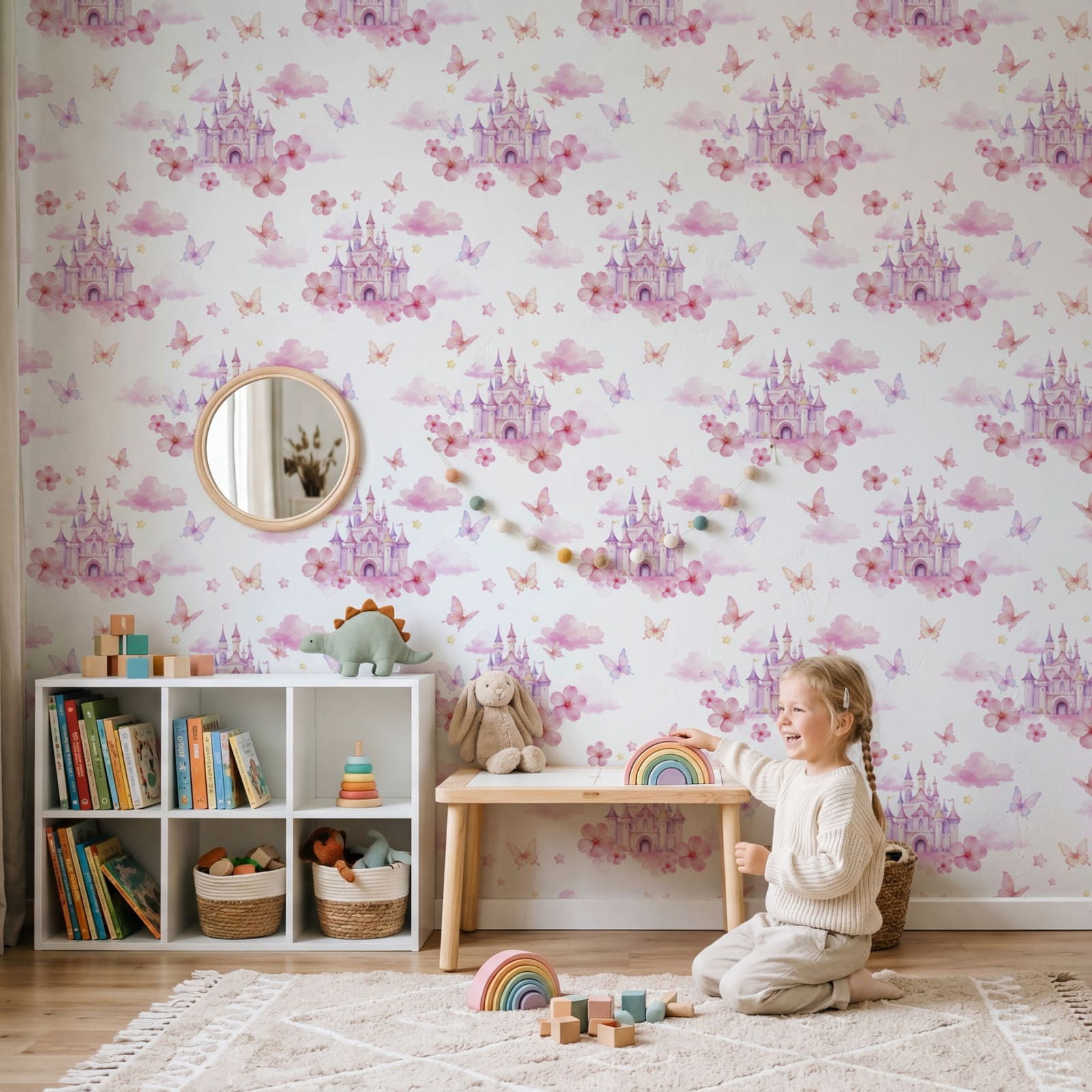 Pattern of pink and purple butterflies and a castle Pattern of pink and purple butterflies and a castle