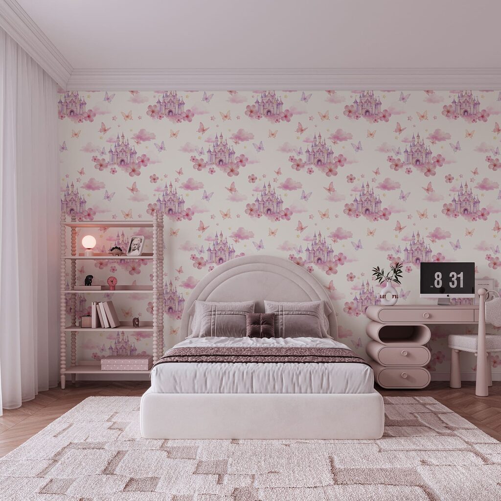 Pattern of pink and purple butterflies and a castle Pattern of pink and purple butterflies and a castle