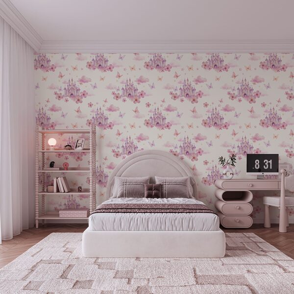 Pattern of pink and purple butterflies and a castle Pattern of pink and purple butterflies and a castle