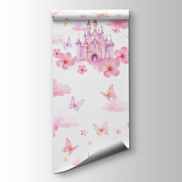 Pattern of pink and purple butterflies and a castle Pattern of pink and purple butterflies and a castle