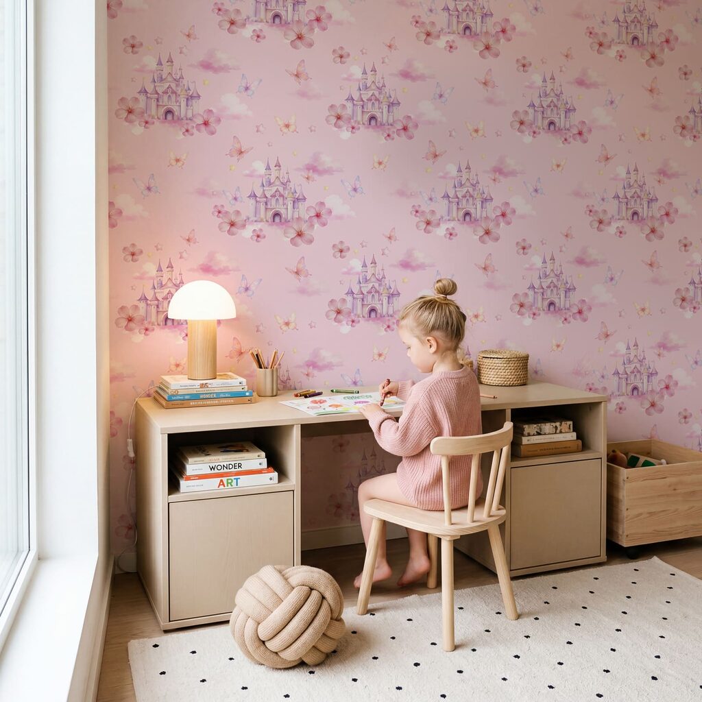 Pink background with pink clouds and butterflies