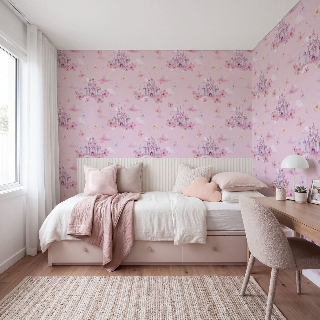 Pink background with pink clouds and butterflies