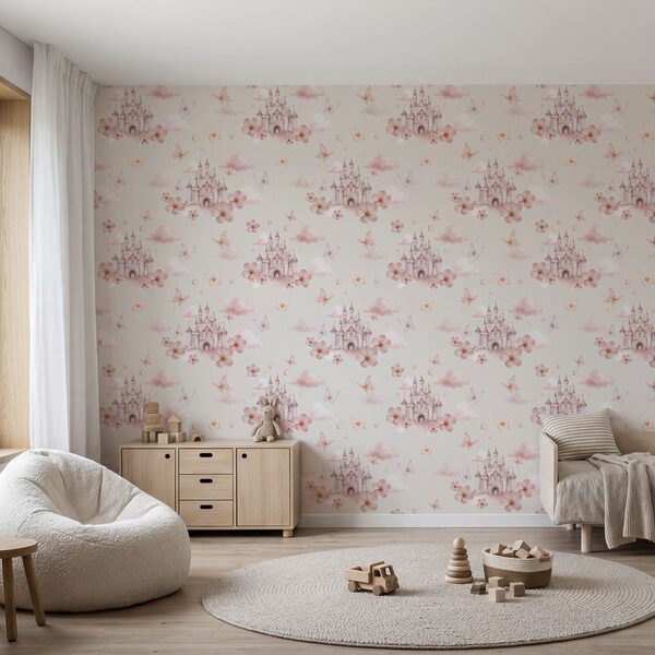 Pattern of pink butterflies and a castle
