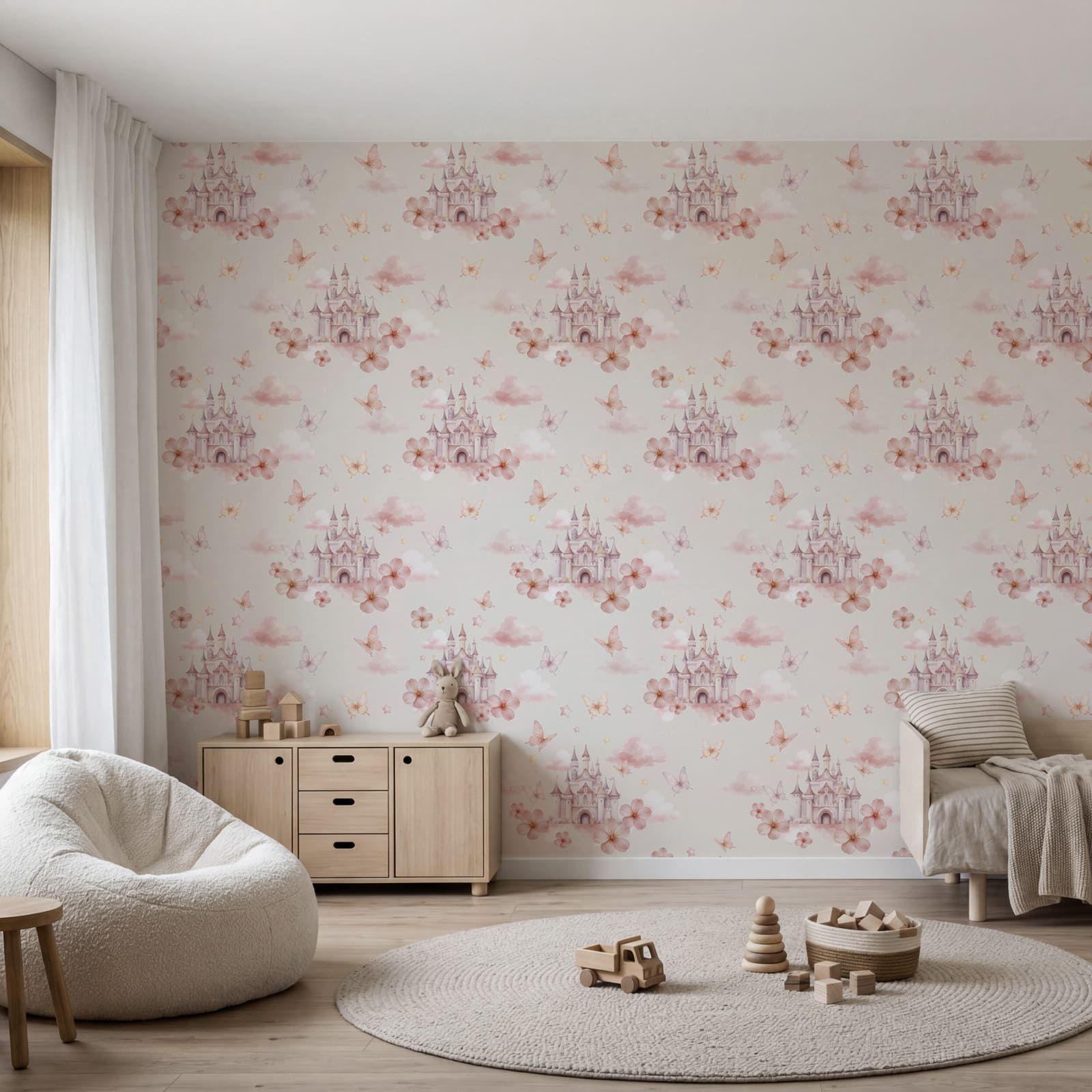 Pattern of pink butterflies and a castle