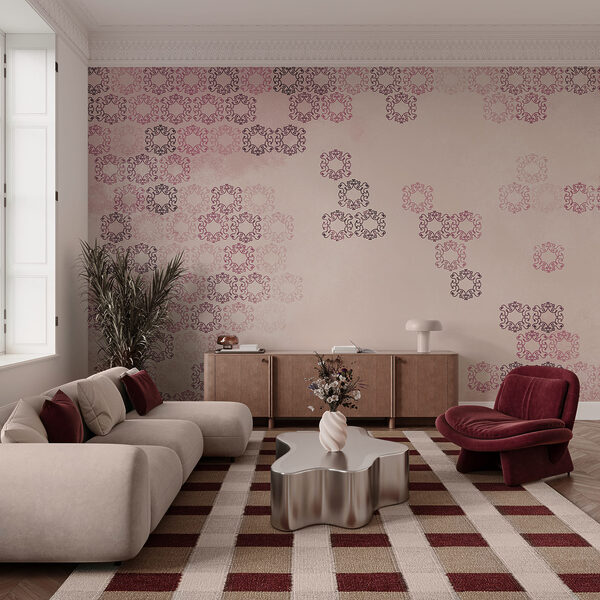 Pink background with many small black and red shapes