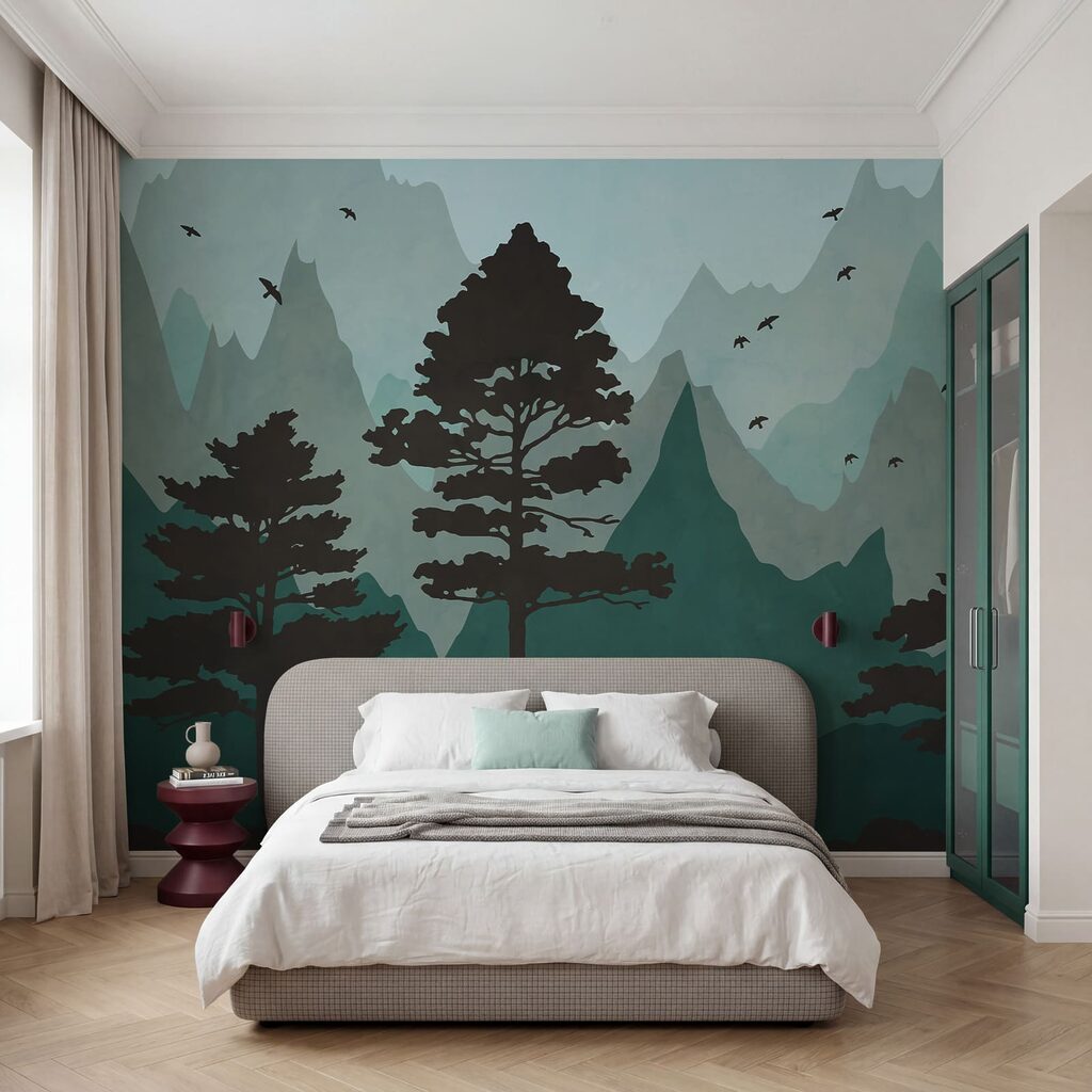 Painting of a forest with mountains and birds