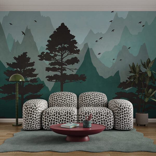 Painting of a forest with mountains and birds