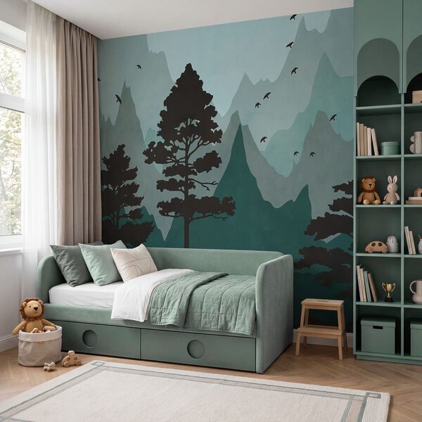 Painting of a forest with mountains and birds