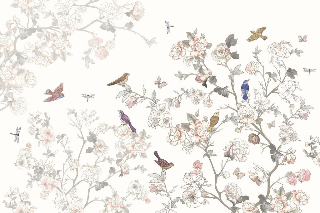 Floral scene with colorful birds Floral scene with colorful birds