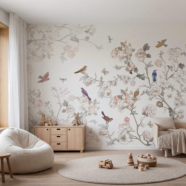 Floral scene with colorful birds Floral scene with colorful birds
