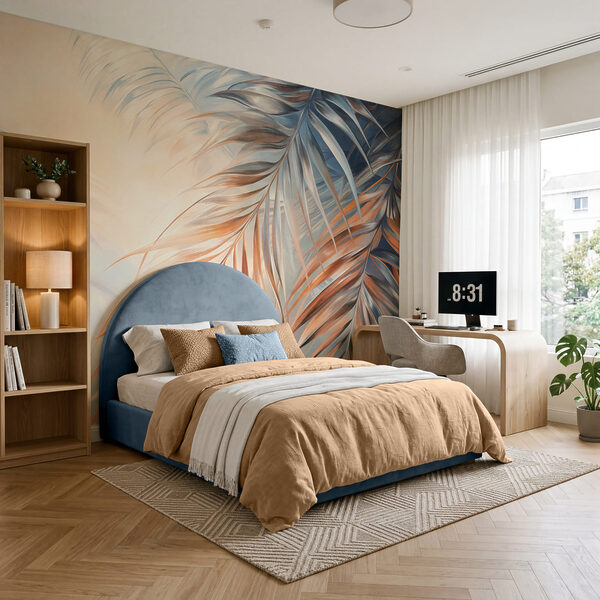 Soft colors dance through palm leaves