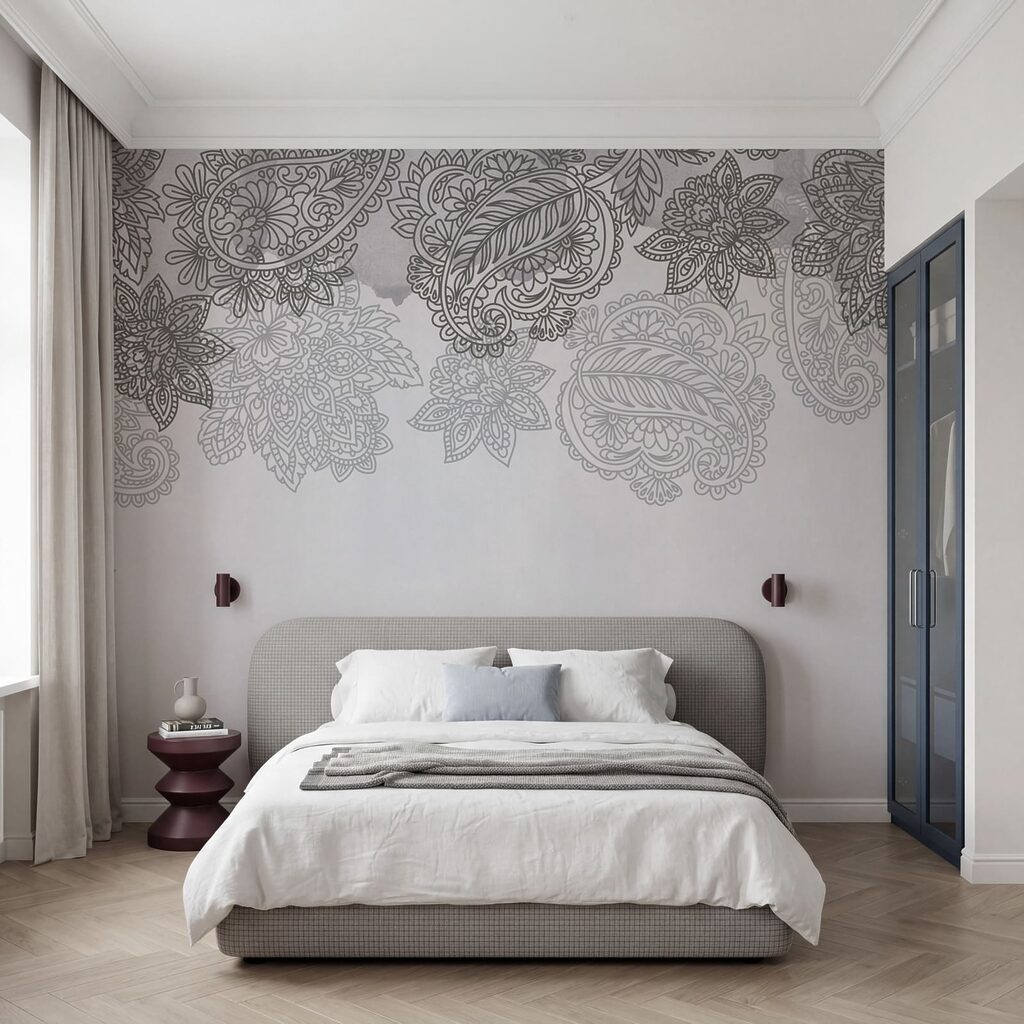 Grey and white background with paisley design Grey and white background with paisley design