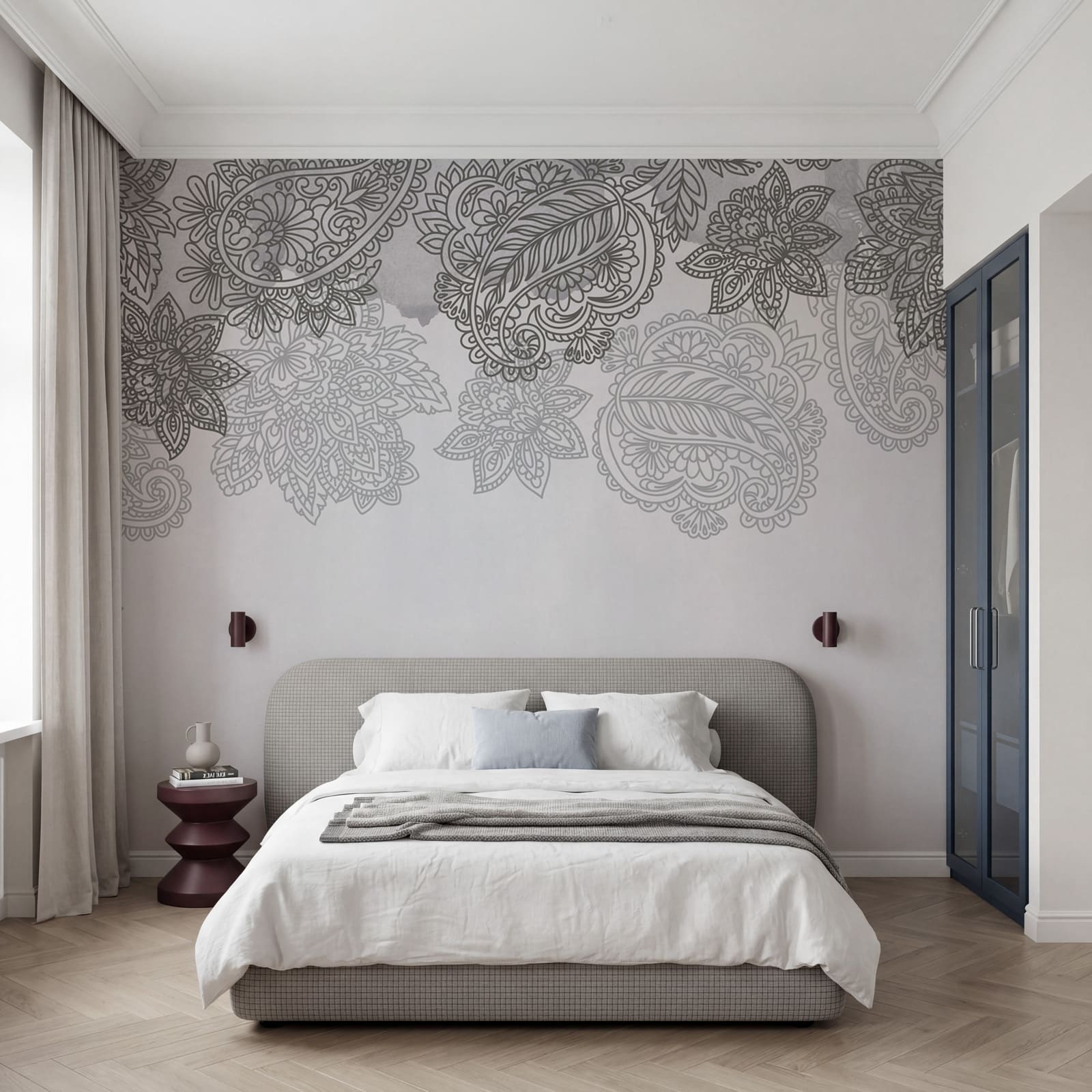 Grey and white background with paisley design Grey and white background with paisley design