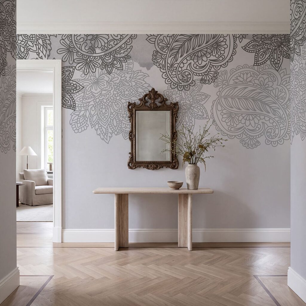 Grey and white background with paisley design Grey and white background with paisley design