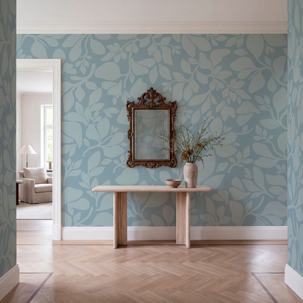 Pattern of leaves on a blue background
