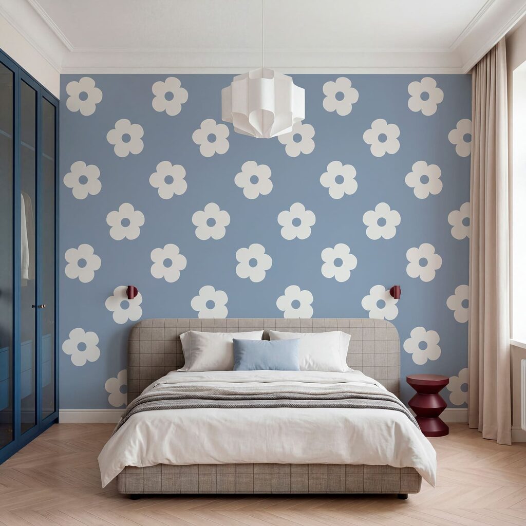 Pattern of white flowers on a blue background