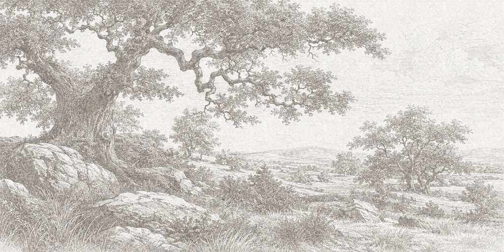 Drawing of a tree and a rocky landscape
