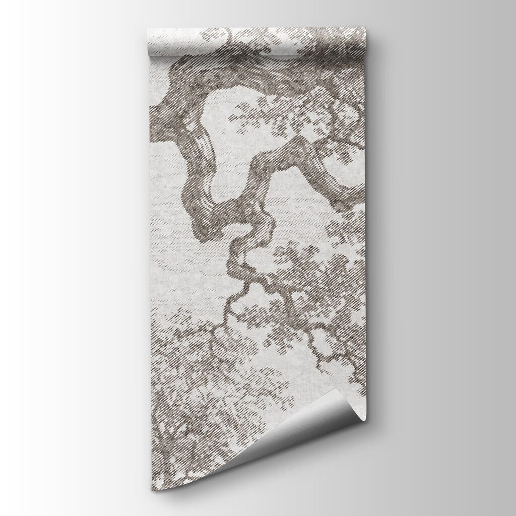 Drawing of a tree and a rocky landscape