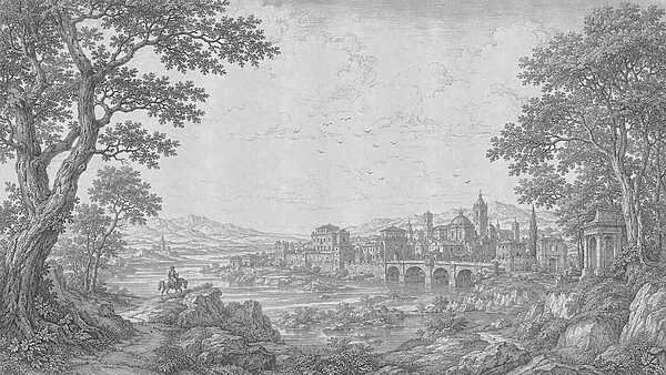 Drawing of a city with a bridge and a river Drawing of a city with a bridge and a river
