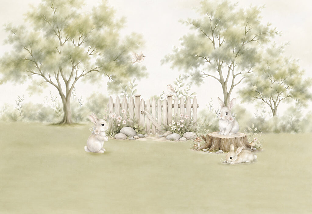 Painting of rabbits in a garden Painting of rabbits in a garden