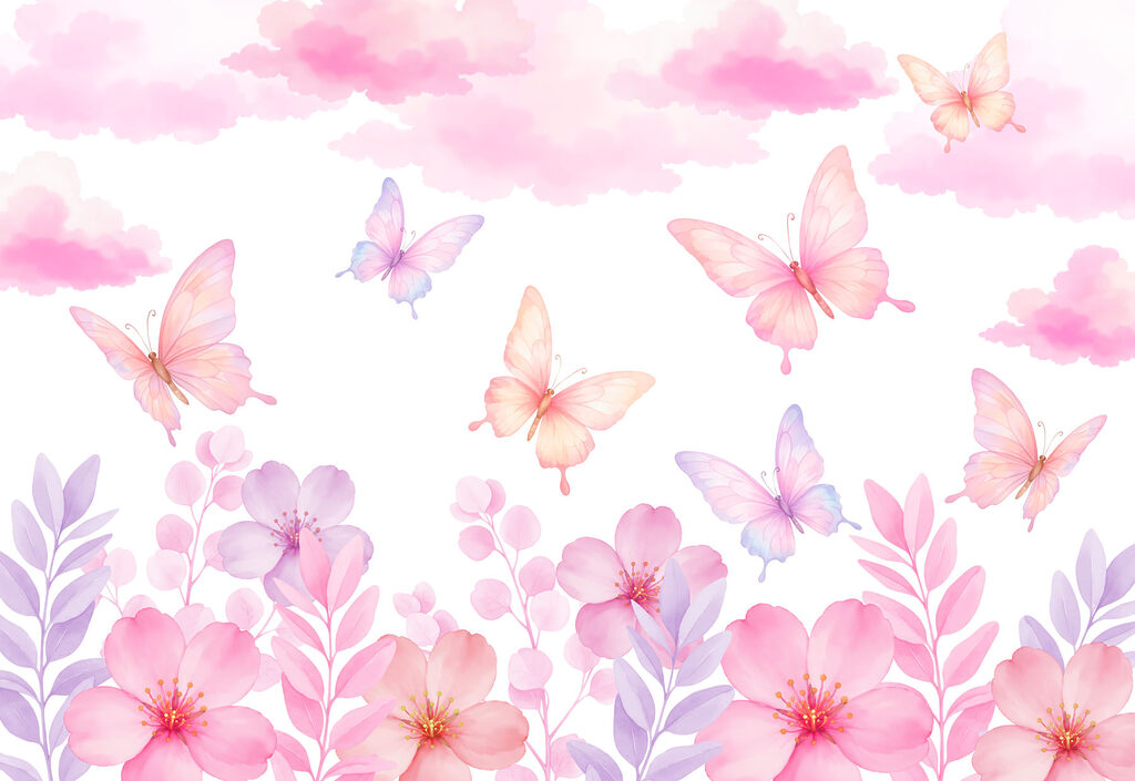 Pink and purple flowers and butterflies Pink and purple flowers and butterflies