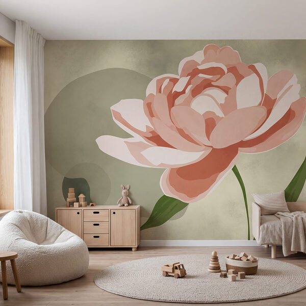 Wall mural Pink flower with green leaves (SKU: t01022v5) Wall mural Wall mural Pink flower with green leaves (SKU: t01022v5)