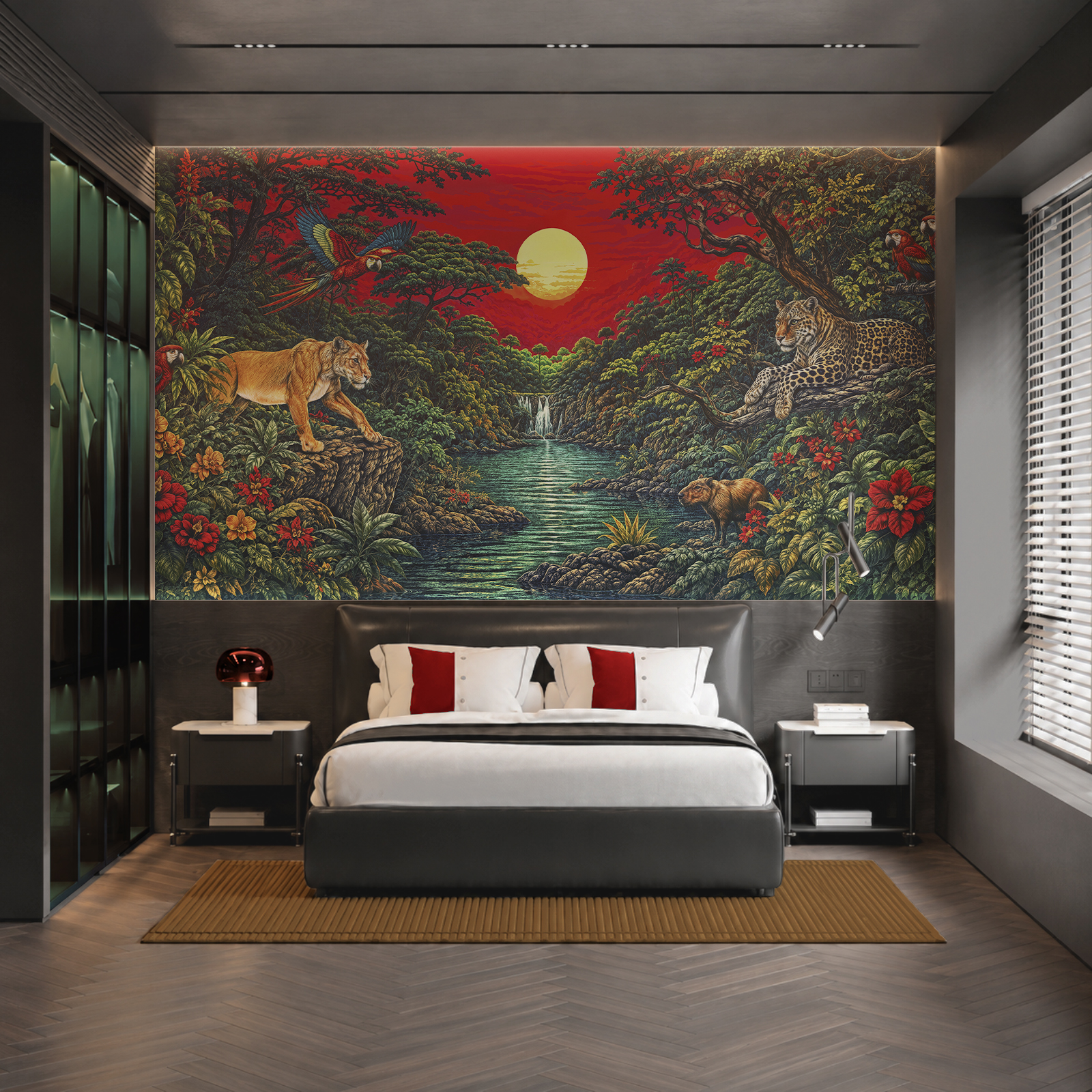 Painting of a river with a waterfall and a tiger Painting of a river with a waterfall and a tiger
