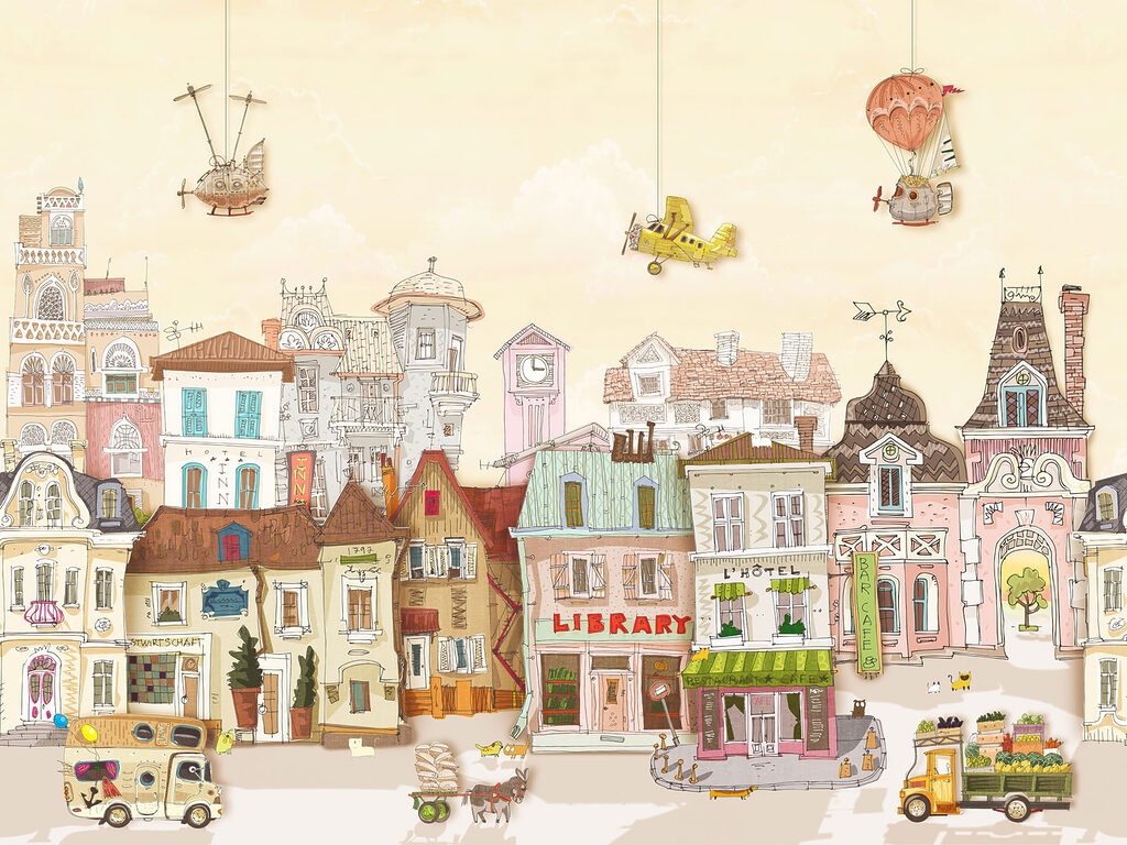 Cartoon city with buildings and cars