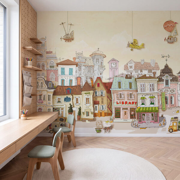 Cartoon city with buildings and cars