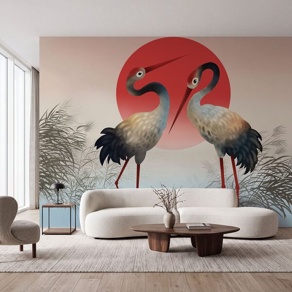 Two birds standing in front of a red sun Two birds standing in front of a red sun