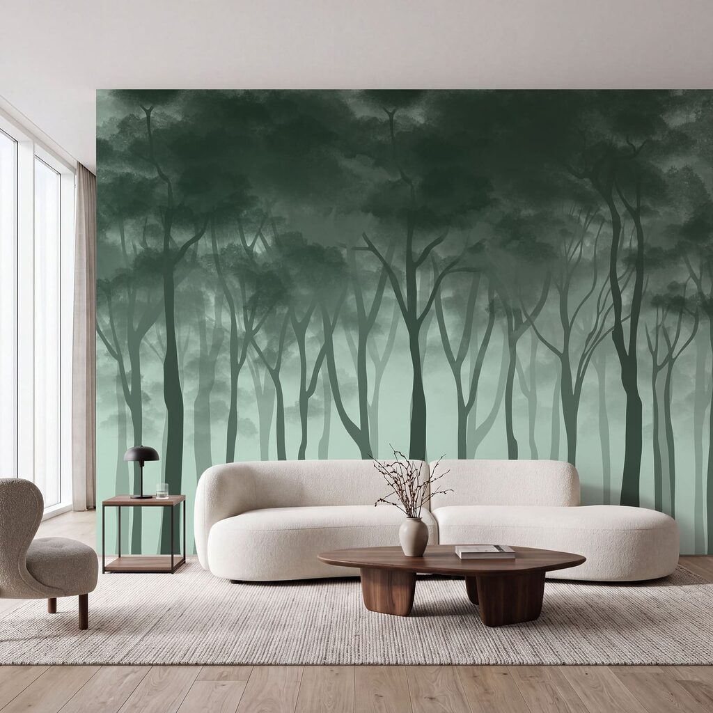 Group of trees in a foggy forest Group of trees in a foggy forest