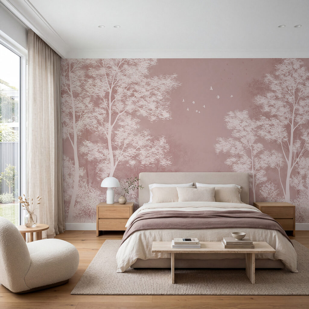 Wall mural Group of trees with birds flying in the sky (SKU: t01043) Wall mural Group of trees with birds flying in the sky (SKU: t01043)