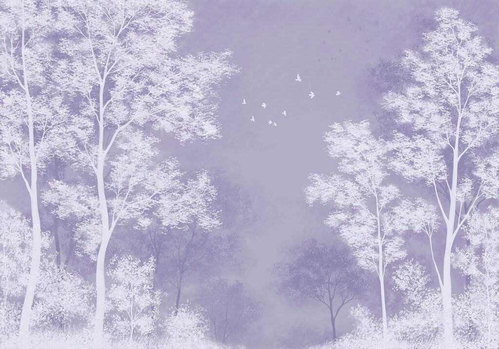 Wall mural Group of trees with birds flying in the sky (SKU: t01043v1)