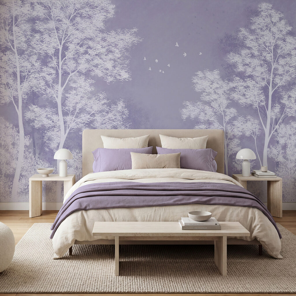 Wall mural Group of trees with birds flying in the sky (SKU: t01043v1)