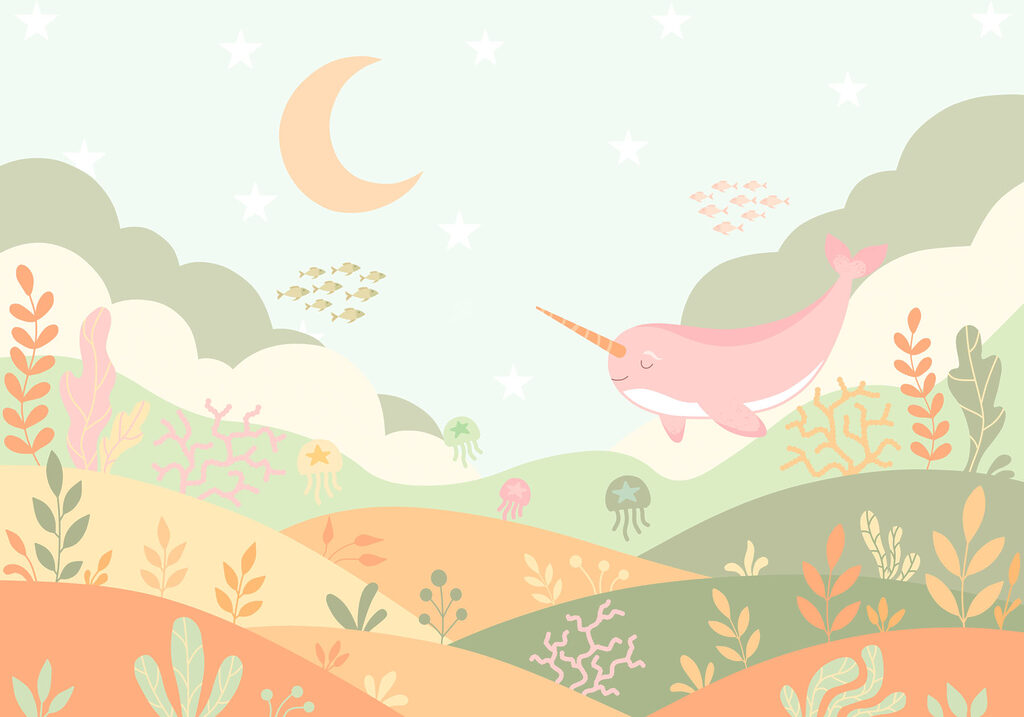 Wall mural Cartoon of a whale swimming in a sea (SKU: t01053v1) Wall mural Cartoon of a whale swimming in a sea (SKU: t01053v1)