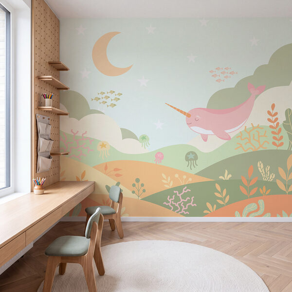 Wall mural Cartoon of a whale swimming in a sea (SKU: t01053v1) Wall mural Cartoon of a whale swimming in a sea (SKU: t01053v1)