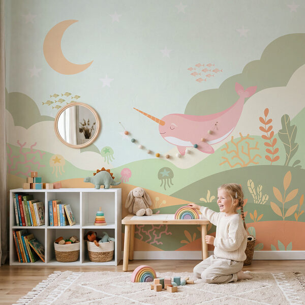 Wall mural Cartoon of a whale swimming in a sea (SKU: t01053v1) Wall mural Cartoon of a whale swimming in a sea (SKU: t01053v1)