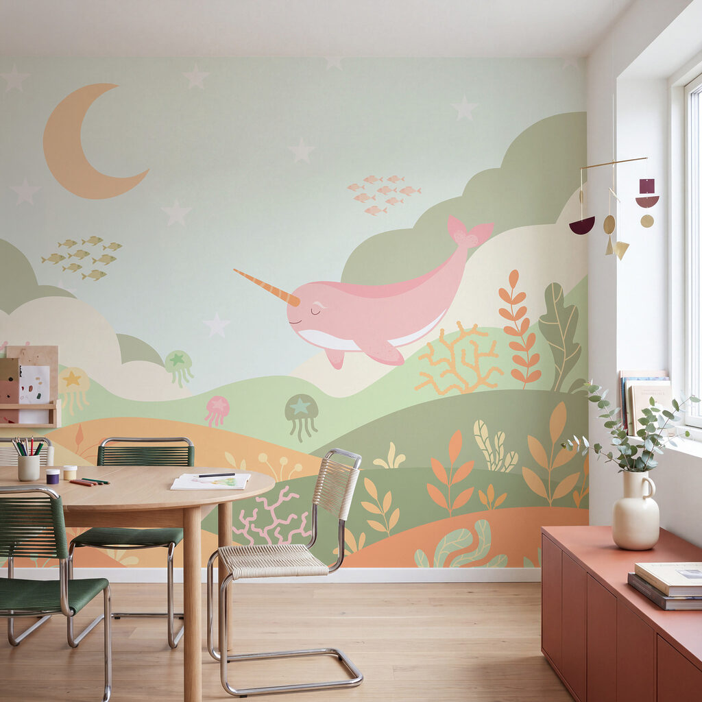 Wall mural Cartoon of a whale swimming in a sea (SKU: t01053v1) Wall mural Cartoon of a whale swimming in a sea (SKU: t01053v1)