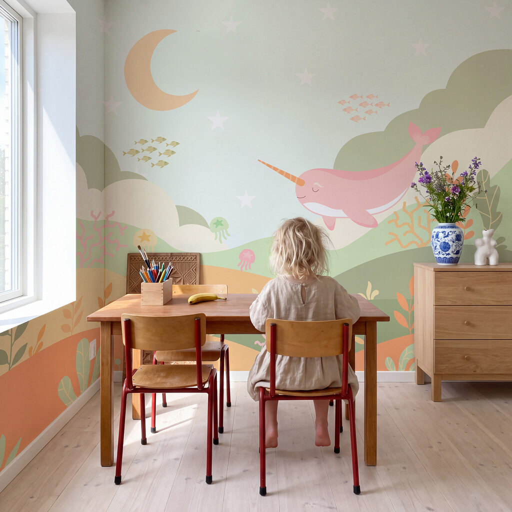 Wall mural Cartoon of a whale swimming in a sea (SKU: t01053v1) Wall mural Cartoon of a whale swimming in a sea (SKU: t01053v1)