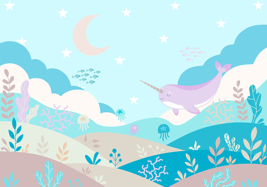 Wall mural Cartoon of a narwhal swimming in a sea (SKU: t01053v3)