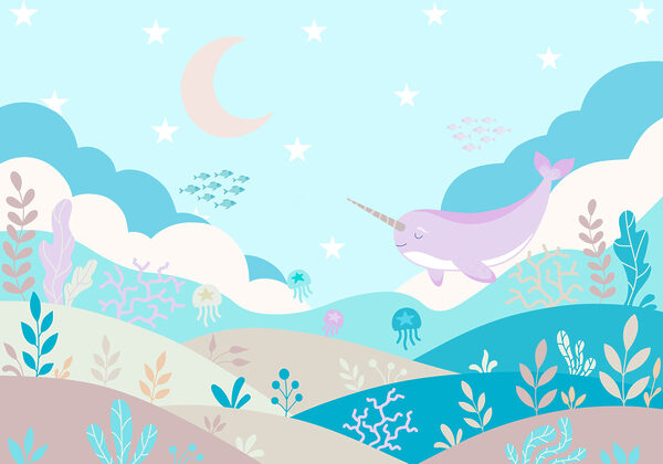 Wall mural Cartoon of a narwhal swimming in a sea (SKU: t01053v3)